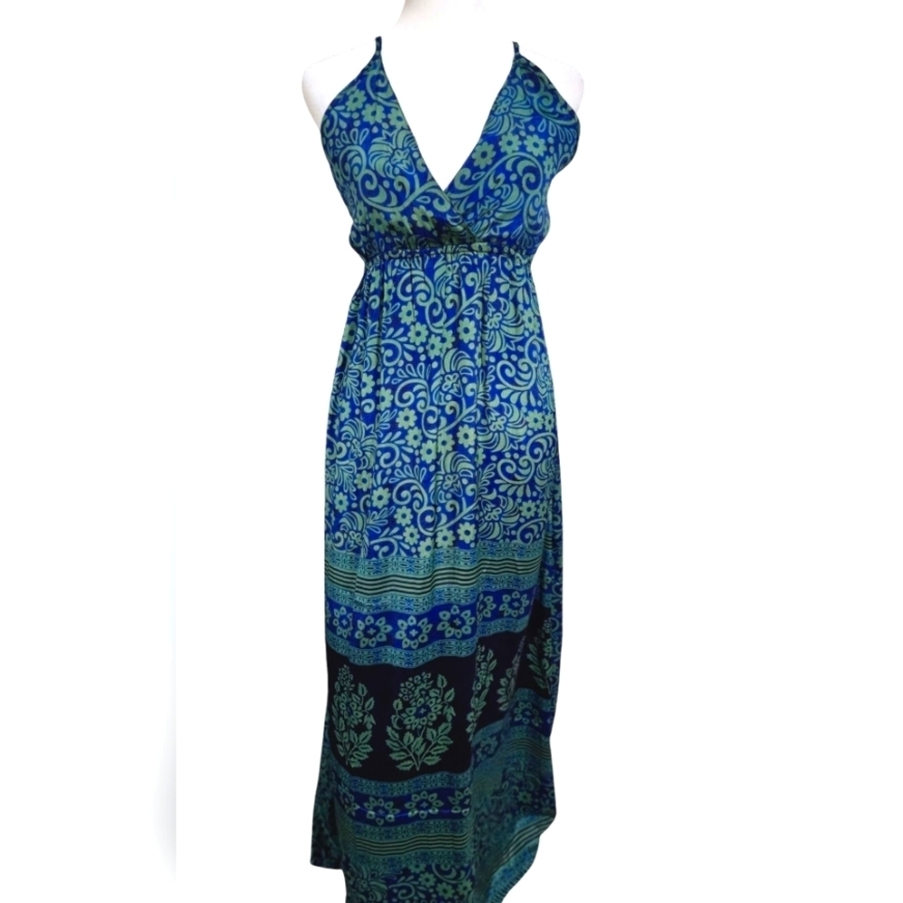 DOLMA  Silky floral Printed V Neck Thin Strap Maxi Dress In Blue/green. Size S/M
